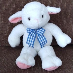 Lucy Lamb White & Pink with Blue & White Plaid Bow Vintage by J Stuff